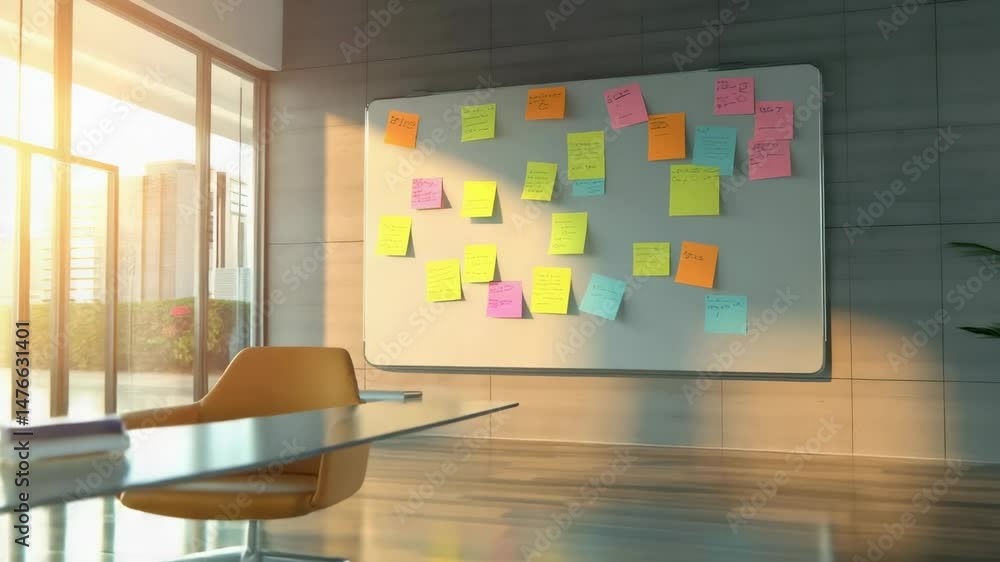Aufkleber sunlight illuminates a whiteboard covered with colorful sticky notes in a modern office space, sugge