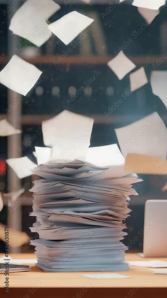 Poster sheets of paper are flying around a huge stack of paperwork on a desk in an office at night, creatin