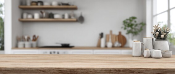 Blurred kitchen interior with an empty countertop for product display, a blurred background of a modern white and wooden kitchen interior on the wall
