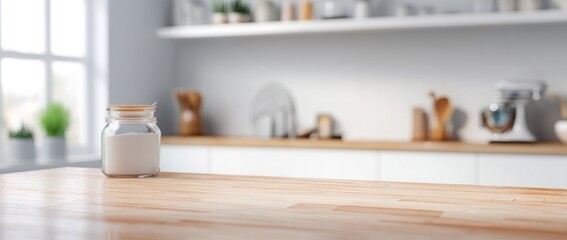 Blurred kitchen interior with an empty countertop for product display, a blurred background of a modern white and wooden kitchen interior on the wall