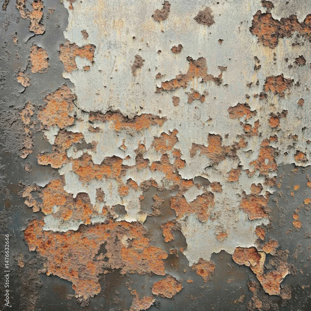 Poster close-up of weathered metal surface with peeling paint and rust creating abstract patterns and textu