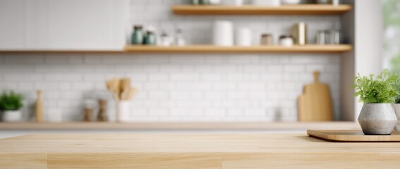 Blurred kitchen interior with an empty countertop for product display, a blurred background of a modern white and wooden kitchen interior on the wall