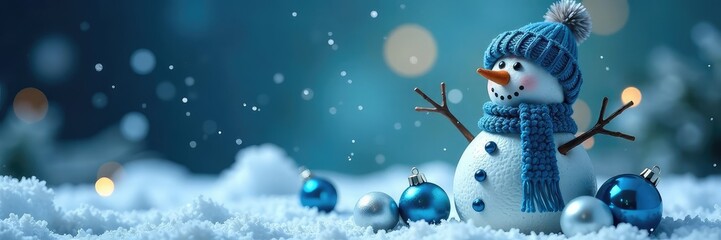 Obraz premium Snowman decorated with blue glass and silver balls, Christmas Decorations, Snowman