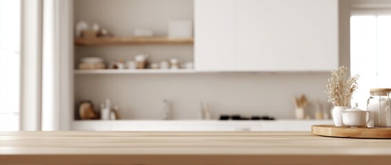 Blurred kitchen interior with an empty countertop for product display, a blurred background of a modern white and wooden kitchen interior on the wall