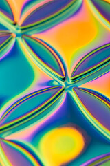 Abstract 3D geometric iridescent holographic background with metal chrome surface with multicolored sheen, gradient yellow, blue, pink, purple, green shade, reflective glass shape with colored stains.