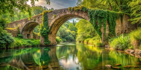 Fototapeta premium A serene landscape with lush vegetation surrounding a river, featuring an old, rustic bridge with worn stone arches and vines crawling up its sides , Nature, Old Bridge