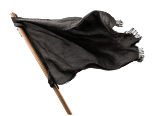 Black flag waving on a wooden pole for decoration or protest