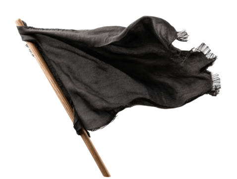 Black flag waving on a wooden pole for decoration or protest
