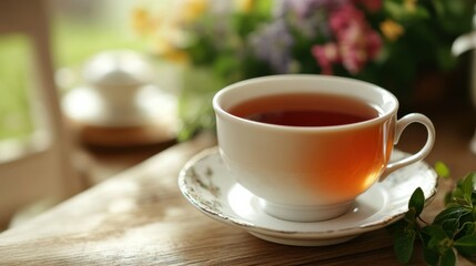 Obraz premium A cup of tea with tea leaves and a green sprig.