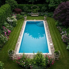aerial photograph showcasing a meticulously landscaped backyard garden featuring a rectangular swimming pool as the central element