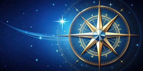 A stylized compass rose graphic with a navigation needle pointing towards the north star in the night sky , astronomy