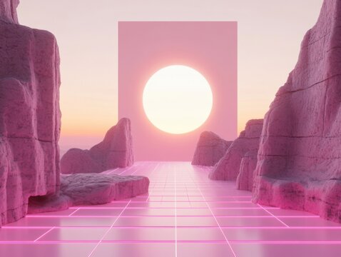 Surreal pink landscape with sun portal and grid floor, dreamlike scene, vaporwave aesthetic, digital art - Powered by Adobe