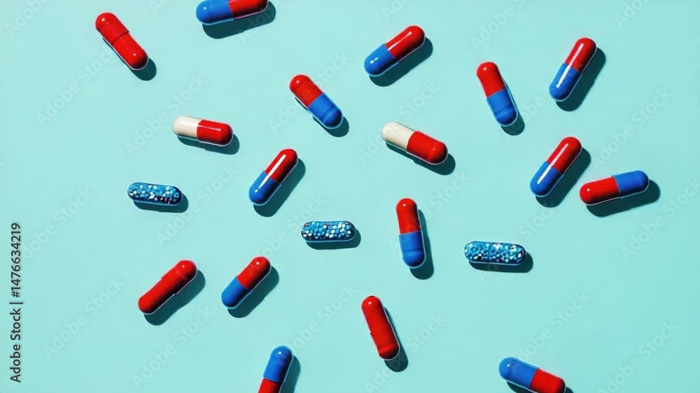 Poster rotating top-view of assorted capsules on cyan surface animation video. scattered pills lying arrang
