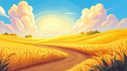 Golden wheat field landscape illustration under bright sun, winding dirt road perspective, rural countryside scene, cartoon style