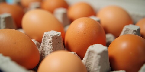 Fresh brown chicken eggs nestled in a grey cardboard carton, closeup highlighting their natural texture and readiness for cooking or baking.