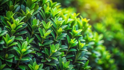 Close-up of a lush green shrub with dense foliage in the background, showcasing intricate leaf patterns and texture, set against a natural, earthy tone backdrop , botanical photography, plant details