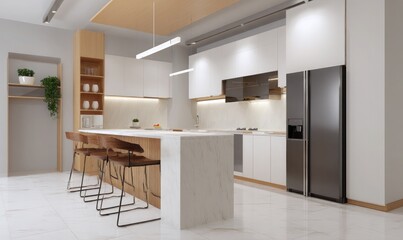 white and wood kitchen interior with a marble counter, island bar table, and refrigerator in a modern home design background.