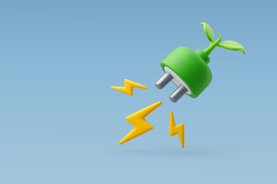 3d Vector Plug attached with green leaf, Green Energy, Clean Energy, Environmental Alternative Energy Concept.