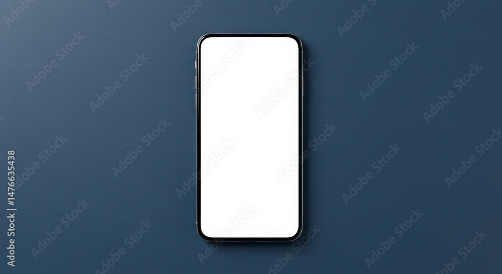 Aufkleber smartphone device with white screen displayed on blue surface in overhead view