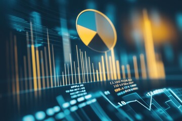 Abstract financial data display with blue and orange lines and graphs. Futuristic analytics dashboard with vibrant screen monitor. Data visualizations, advanced technology. Technical growth, progress