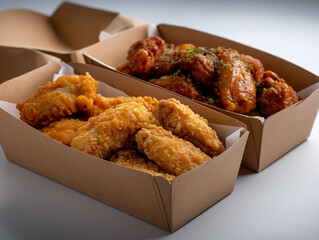chicken tenders and wings in a kraft box, with a separation between the two, 4k, side view, professional food photography, in a white studio