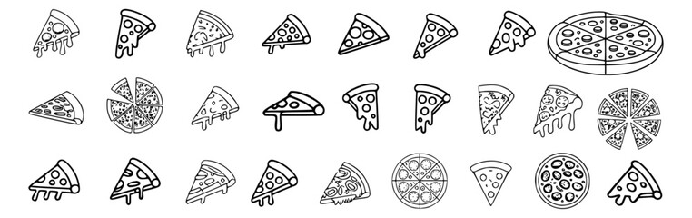 Pizza Slice and Whole Pizza Vector Set in Hand Drawn Doodle Style for Menu and Food Design