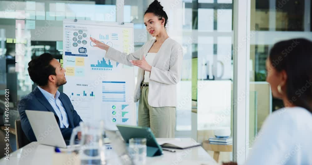 Poster business woman, presentation and speaker with charts for administration, research or data in office.