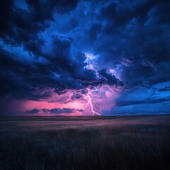 Fototapeta premium Lightning strike over prairie landscape at night dramatic storm clouds nature weather photography