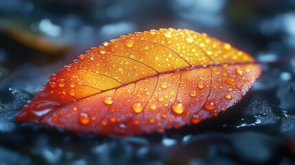 Macro photograph of autumn leaf with water droplets