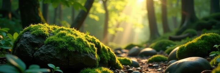 Sunlight filters through the moss on a forest rock, greenery, forests, rocks
