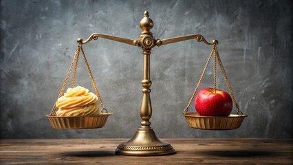 Vintage Brass Scales Balancing Red Apple and Vanilla Cupcake on Gray Background , baking, weight,  baking