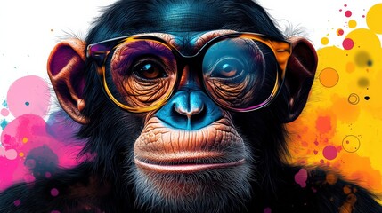 Stylized portrait of a monkey in colorful glasses with vibrant background