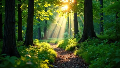 Sunlit forest trail through a thicket of trees, sunlight filtered, solitude, forest trail