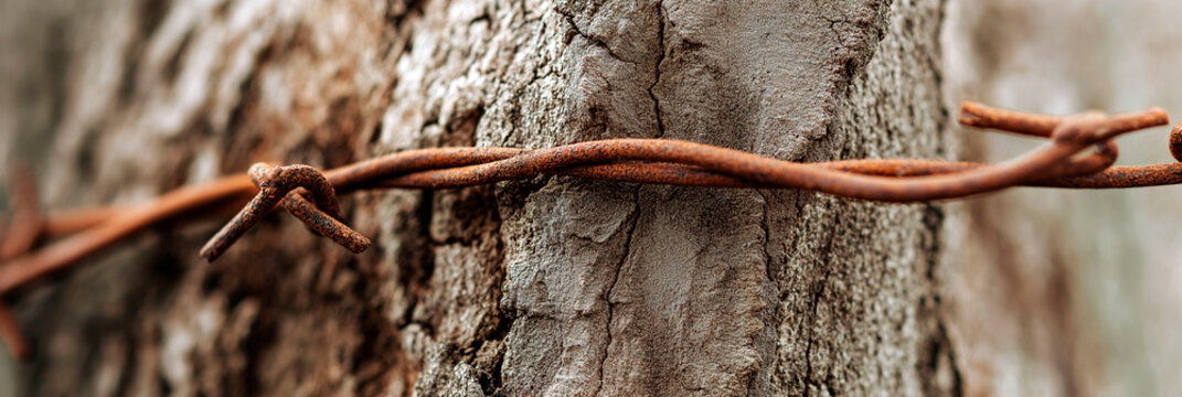 Close-up of rusty barbed wire wrapped around textured tree bark in natural outdoor setting - Powered by Adobe