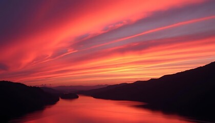 Obraz premium Fiery Sunset Over a Tranquil Lake Surrounded by Mountains in Silhouette.