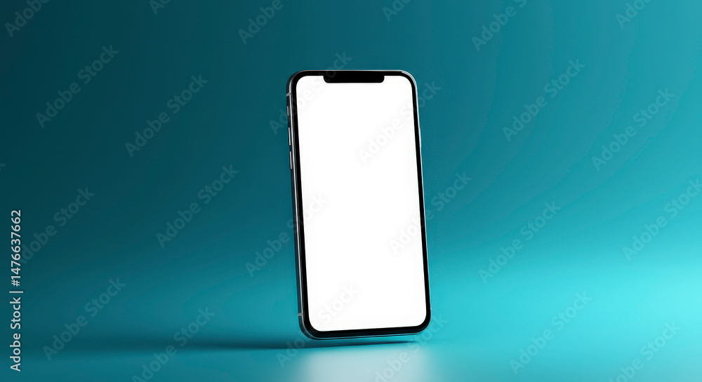 Poster modern smartphone with blank white screen on turquoise background with highlighted edges