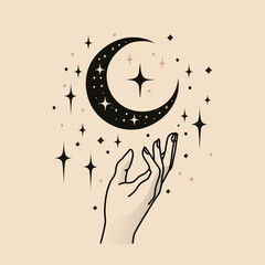 Minimalist Magical Hand Holding Crescent Moon with Stars – Flat Vector Illustration