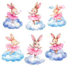 Ballerina bunnies dancing on a cloud - vector watercolor illustrations for Baby Shower for girls, for birthday