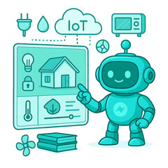 Naklejka premium SmartHome AI: Robot Managing Home Appliances