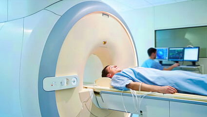Patient laying on a gurney undergoing a magnetic resonance imaging scan procedure while a radiologist is working on a computer in the control room
