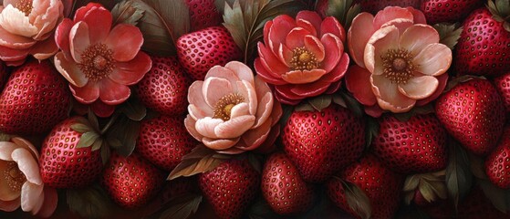 A painting of red strawberries and pink flowers