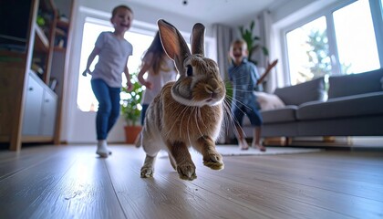 Energetic brown rabbit leaping across wooden floor with children chasing joyfully in bright living room, creating a cheerful family moment.