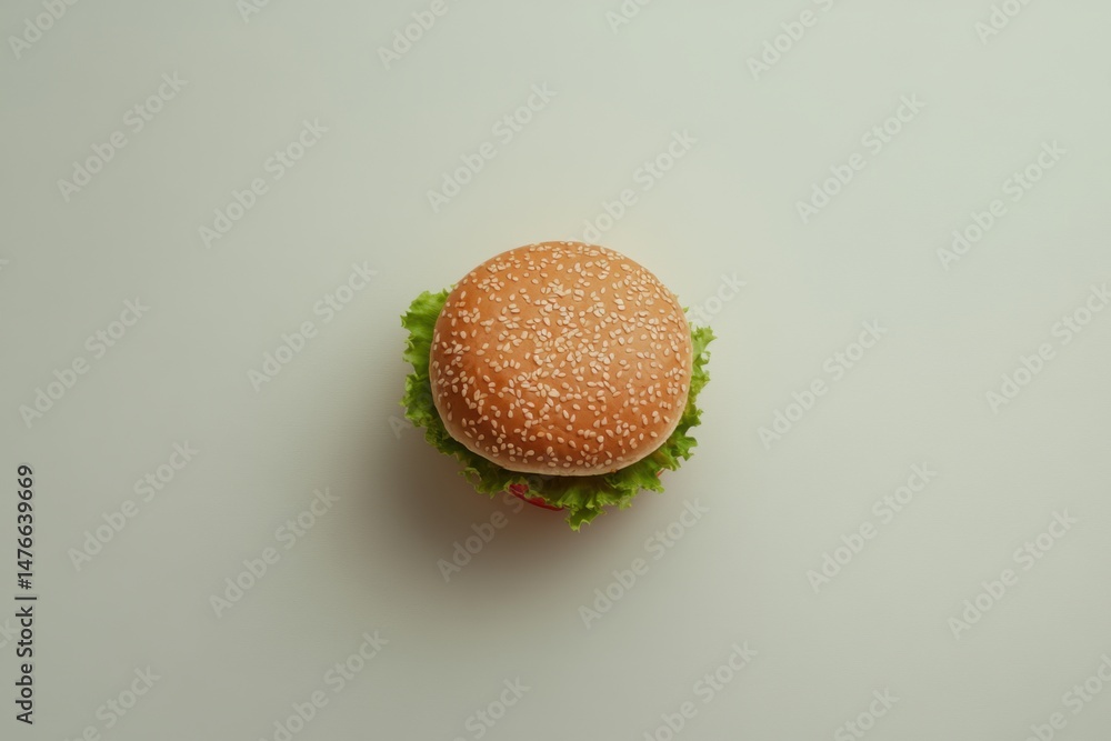 Poster overhead shot of a fresh hamburger with sesame seed bun and lettuce on a plain background in a studi