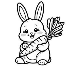 Fototapeta premium A cute cartoon bunny, a happy animal illustration, holds a bright orange carrot. Coloring page for kids