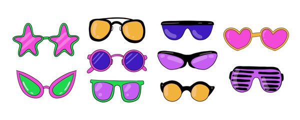 Whimsical retro-style sunglasses collection featuring hand-drawn doodle art with isolated elements. 90s color palette For summer concepts and optical brands, children’s design and playful adult themes