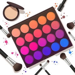 Vibrant eyeshadow palette makeup kit with assorted brushes and compact powder for professional beauty application, perfect for cosmetic tutorials or product display.