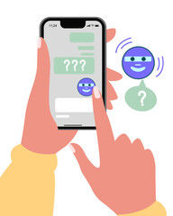 Chat bot robot speech internet. AI service mobile isolated app.Girl asks question to AI. Artificial intelligence assistance icon. Symbol information vector technology. Digital conversation. Vector