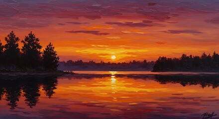 Obraz premium Sunset landscape painting orange sky over calm lake with silhouetted trees
