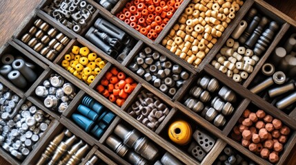 Colorful arrangement of various crafting beads and fasteners in wooden organizer