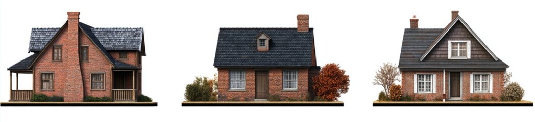 Fototapeta premium Three charming brick homes with varied architectural styles